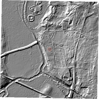 Shaded relief map of the ground around GU48EP, computed from Environment Agency LiDAR. The ground here sits at about 35 m above sea level and falls 10 m across the surrounding 800 m. Surface water reaching this point runs off ground lying to the south-east, 2.7 m higher.
