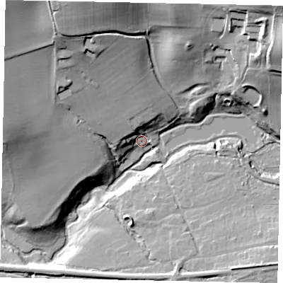 Shaded relief map of the ground around GU48NL, computed from Environment Agency LiDAR. The ground here sits at about 42 m above sea level and falls 47 m across the surrounding 800 m. Surface water reaching this point runs off ground lying to the north-north-west, 38.1 m higher.