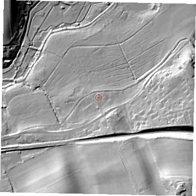 Shaded relief map of the ground around GU48RH, computed from Environment Agency LiDAR. The ground here sits at about 57 m above sea level and falls 53 m across the surrounding 800 m. Surface water reaching this point runs off ground lying to the south-south-east, 4.2 m higher.