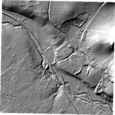 Shaded relief map of the ground around GU50AB, computed from Environment Agency LiDAR. The ground here sits at about 38 m above sea level and falls 48 m across the surrounding 800 m. Surface water reaching this point runs off ground lying to the east-north-east, 5.2 m higher.