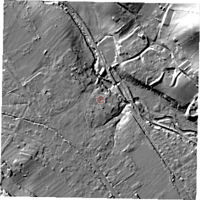 Shaded relief map of the ground around GU50AE, computed from Environment Agency LiDAR. The ground here sits at about 38 m above sea level and falls 33 m across the surrounding 800 m. Surface water reaching this point runs off ground lying to the south-west, 3.4 m higher.