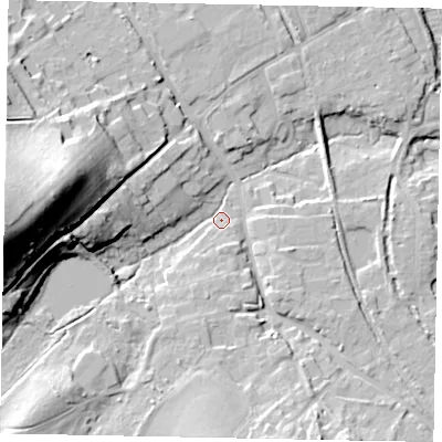 Shaded relief map of the ground around GU50AR, computed from Environment Agency LiDAR. The ground here sits at about 39 m above sea level and falls 43 m across the surrounding 800 m. Surface water reaching this point runs off ground lying to the west, 41.6 m higher.