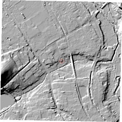 Shaded relief map of the ground around GU50BA, computed from Environment Agency LiDAR. The ground here sits at about 39 m above sea level and falls 36 m across the surrounding 800 m. Surface water reaching this point runs off ground lying to the west-south-west, 33.4 m higher.