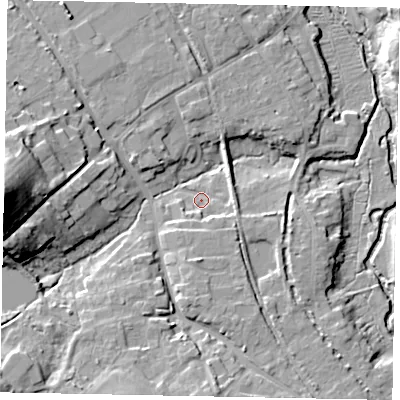 Shaded relief map of the ground around GU50BB, computed from Environment Agency LiDAR. The ground here sits at about 38 m above sea level and falls 31 m across the surrounding 800 m. Surface water reaching this point runs off ground lying to the south-west, 12.2 m higher.