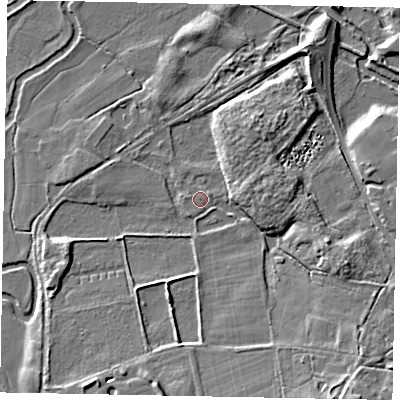 Shaded relief map of the ground around GU50BN, computed from Environment Agency LiDAR. The ground here sits at about 35 m above sea level and falls 12 m across the surrounding 800 m. Surface water reaching this point runs off ground lying to the south-west, 0.7 m higher.