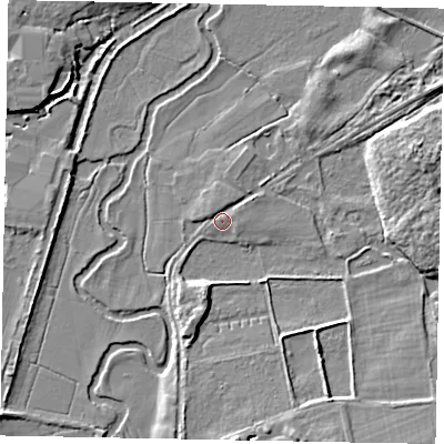 Shaded relief map of the ground around GU50BW, computed from Environment Agency LiDAR. The ground here sits at about 35 m above sea level and falls 7 m across the surrounding 800 m. Surface water reaching this point runs off ground lying to the north-west, 1.0 m higher.