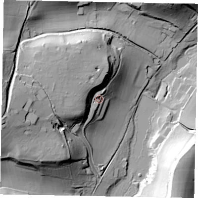 Shaded relief map of the ground around GU50DB, computed from Environment Agency LiDAR. The ground here sits at about 68 m above sea level and falls 60 m across the surrounding 800 m. Surface water reaching this point runs off ground lying to the west, 27.8 m higher.