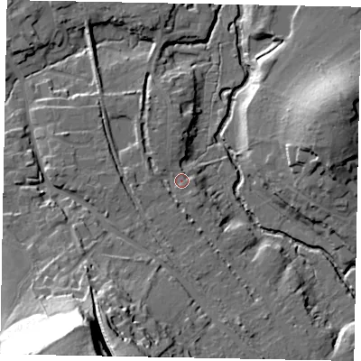 Shaded relief map of the ground around GU50EE, computed from Environment Agency LiDAR. The ground here sits at about 41 m above sea level and falls 51 m across the surrounding 800 m. Surface water reaching this point runs off ground lying to the south-south-west, 2.9 m higher.