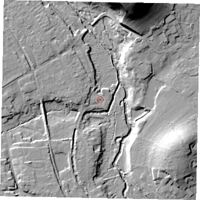 Shaded relief map of the ground around GU50EH, computed from Environment Agency LiDAR. The ground here sits at about 37 m above sea level and falls 39 m across the surrounding 800 m. Surface water reaching this point runs off ground lying to the west, 3.3 m higher.