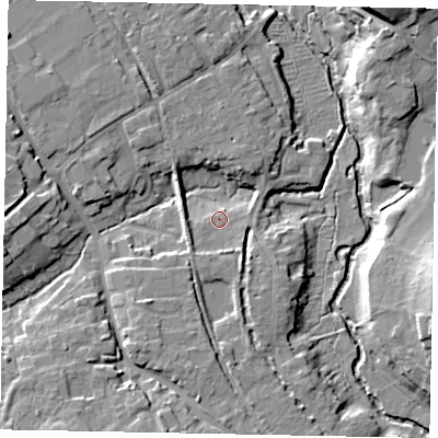 Shaded relief map of the ground around GU50EJ, computed from Environment Agency LiDAR. The ground here sits at about 39 m above sea level and falls 16 m across the surrounding 800 m. Surface water reaching this point runs off ground lying to the south, 6.9 m higher.