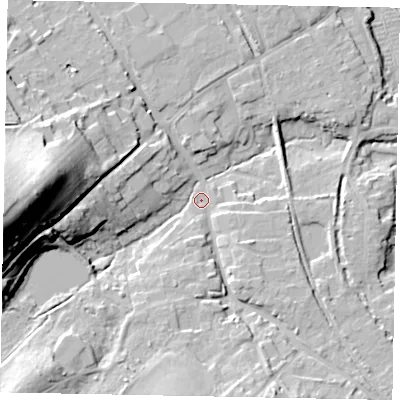 Shaded relief map of the ground around GU50HB, computed from Environment Agency LiDAR. The ground here sits at about 38 m above sea level and falls 42 m across the surrounding 800 m. Surface water reaching this point runs off ground lying to the west, 39.8 m higher.
