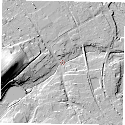 Shaded relief map of the ground around GU50HE, computed from Environment Agency LiDAR. The ground here sits at about 38 m above sea level and falls 41 m across the surrounding 800 m. Surface water reaching this point runs off ground lying to the west-south-west, 14.3 m higher.