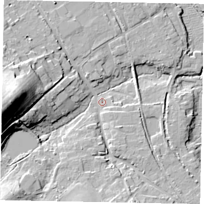 Shaded relief map of the ground around GU50HF, computed from Environment Agency LiDAR. The ground here sits at about 39 m above sea level and falls 40 m across the surrounding 800 m. Surface water reaching this point runs off ground lying to the west, 37.9 m higher.