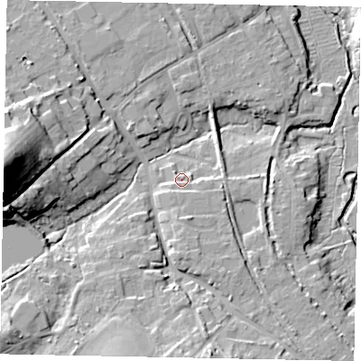 Shaded relief map of the ground around GU50HG, computed from Environment Agency LiDAR. The ground here sits at about 40 m above sea level and falls 35 m across the surrounding 800 m. Surface water reaching this point runs off ground lying to the south, 10.9 m higher.