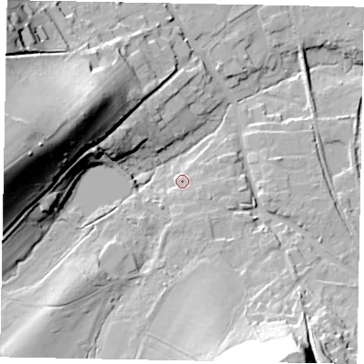 Shaded relief map of the ground around GU50HW, computed from Environment Agency LiDAR. The ground here sits at about 42 m above sea level and falls 44 m across the surrounding 800 m. Surface water reaching this point runs off ground lying to the south-south-east, 23.8 m higher.