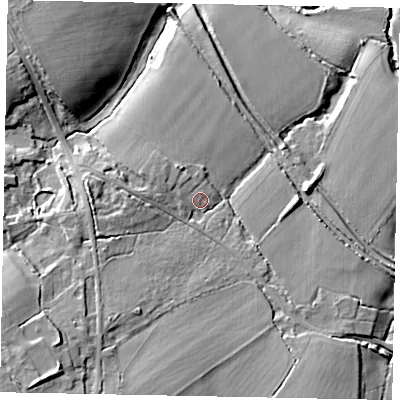 Shaded relief map of the ground around GU50LG, computed from Environment Agency LiDAR. The ground here sits at about 47 m above sea level and falls 25 m across the surrounding 800 m. Surface water reaching this point runs off ground lying to the west-north-west, 2.2 m higher.