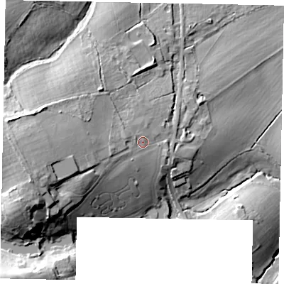 Shaded relief map of the ground around GU50LH, computed from Environment Agency LiDAR. The ground here sits at about 62 m above sea level and falls 26 m across the surrounding 800 m. Surface water reaching this point runs off ground lying to the west-south-west, 4.1 m higher.