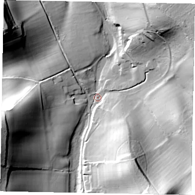 Shaded relief map of the ground around GU50ND, computed from Environment Agency LiDAR. The ground here sits at about 56 m above sea level and falls 54 m across the surrounding 800 m. Surface water reaching this point runs off ground lying to the west-south-west, 50.7 m higher.