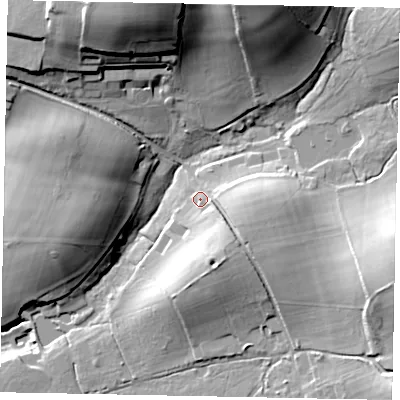 Shaded relief map of the ground around GU50QY, computed from Environment Agency LiDAR. The ground here sits at about 50 m above sea level and falls 40 m across the surrounding 800 m. Surface water reaching this point runs off ground lying to the south-south-east, 10.5 m higher.