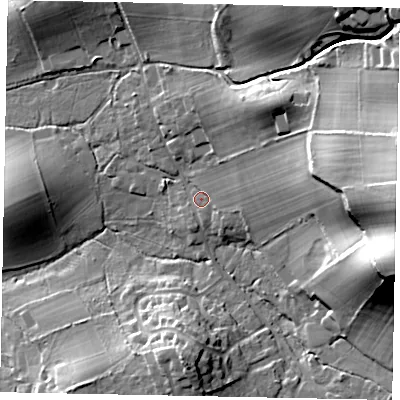 Shaded relief map of the ground around GU50RS, computed from Environment Agency LiDAR. The ground here sits at about 51 m above sea level and falls 39 m across the surrounding 800 m. Surface water reaching this point runs off ground lying to the east, 30.4 m higher.