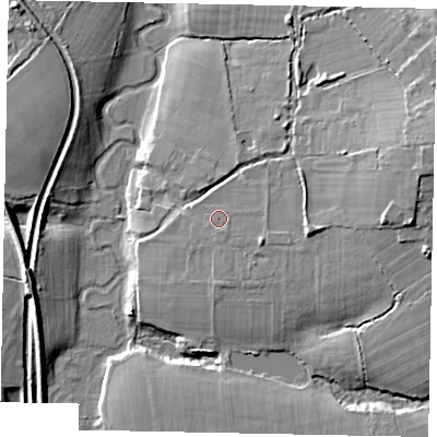 Shaded relief map of the ground around GU50TE, computed from Environment Agency LiDAR. The ground here sits at about 46 m above sea level and falls 15 m across the surrounding 800 m. Surface water reaching this point runs off ground lying to the east-south-east, 2.4 m higher.
