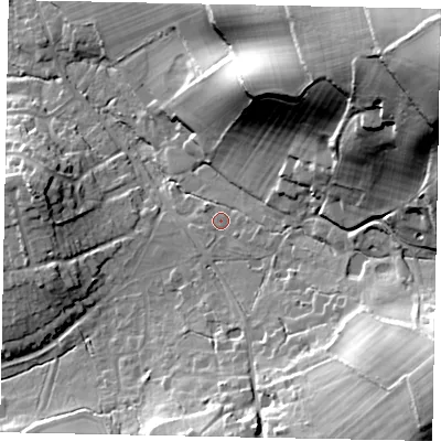Shaded relief map of the ground around GU50UB, computed from Environment Agency LiDAR. The ground here sits at about 56 m above sea level and falls 58 m across the surrounding 800 m. Surface water reaching this point runs off ground lying to the north-east, 50.7 m higher.