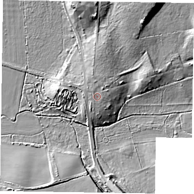 Shaded relief map of the ground around GU512RF, computed from Environment Agency LiDAR. The ground here sits at about 68 m above sea level and falls 14 m across the surrounding 800 m. Surface water reaching this point runs off ground lying to the west-north-west, 0.7 m higher.