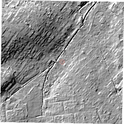 Shaded relief map of the ground around GU513AS, computed from Environment Agency LiDAR. The ground here sits at about 70 m above sea level and falls 12 m across the surrounding 800 m. Surface water reaching this point runs off ground lying to the west-north-west, 11.2 m higher.