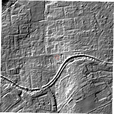 Shaded relief map of the ground around GU513FT, computed from Environment Agency LiDAR. The ground here sits at about 75 m above sea level and falls 12 m across the surrounding 800 m. Surface water reaching this point runs off ground lying to the east, 5.8 m higher.