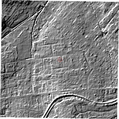 Shaded relief map of the ground around GU513PT, computed from Environment Agency LiDAR. The ground here sits at about 74 m above sea level and falls 12 m across the surrounding 800 m. Surface water reaching this point runs off ground lying to the south-east, 1.0 m higher.