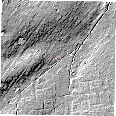 Shaded relief map of the ground around GU513RE, computed from Environment Agency LiDAR. The ground here sits at about 71 m above sea level and falls 15 m across the surrounding 800 m. Surface water reaching this point runs off ground lying to the west-south-west, 9.2 m higher.