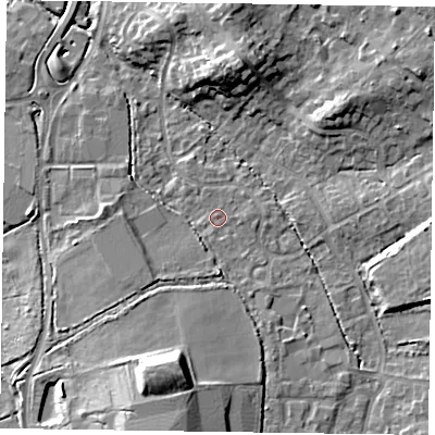 Shaded relief map of the ground around GU514EG, computed from Environment Agency LiDAR. The ground here sits at about 67 m above sea level and falls 14 m across the surrounding 800 m. Surface water reaching this point runs off ground lying to the south, 3.0 m higher.