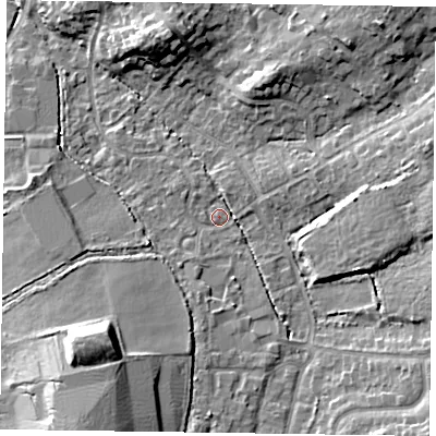 Shaded relief map of the ground around GU514EN, computed from Environment Agency LiDAR. The ground here sits at about 67 m above sea level and falls 14 m across the surrounding 800 m. Surface water reaching this point runs off ground lying to the south-east, 8.0 m higher.
