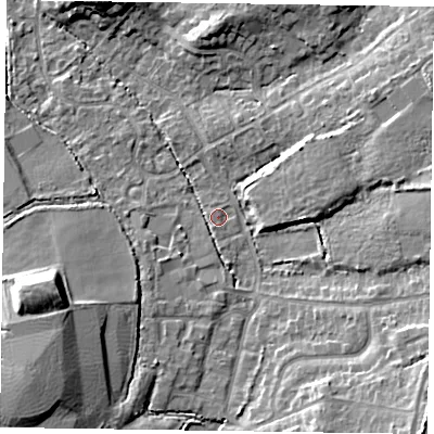 Shaded relief map of the ground around GU514EP, computed from Environment Agency LiDAR. The ground here sits at about 68 m above sea level and falls 14 m across the surrounding 800 m. Surface water reaching this point runs off ground lying to the south-south-west, 3.8 m higher.