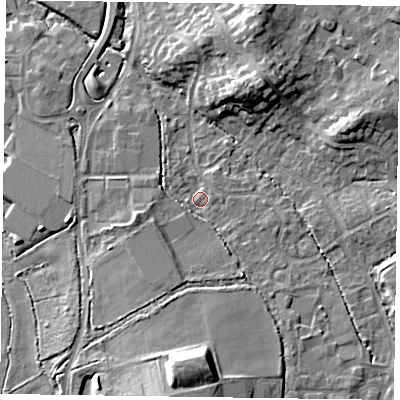 Shaded relief map of the ground around GU514EQ, computed from Environment Agency LiDAR. The ground here sits at about 66 m above sea level and falls 15 m across the surrounding 800 m. Surface water reaching this point runs off ground lying to the south, 11.8 m higher.