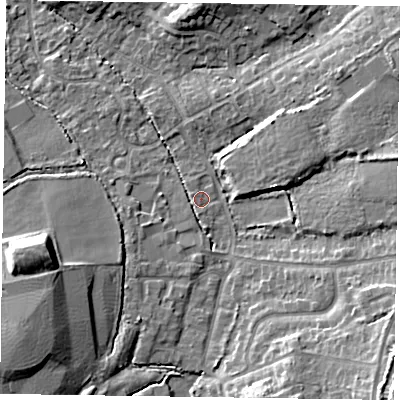 Shaded relief map of the ground around GU514ER, computed from Environment Agency LiDAR. The ground here sits at about 68 m above sea level and falls 15 m across the surrounding 800 m. Surface water reaching this point runs off ground lying to the south-south-west, 3.8 m higher.