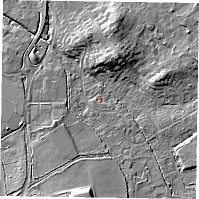 Shaded relief map of the ground around GU514ET, computed from Environment Agency LiDAR. The ground here sits at about 66 m above sea level and falls 15 m across the surrounding 800 m. Surface water reaching this point runs off ground lying to the south-west, 1.2 m higher.
