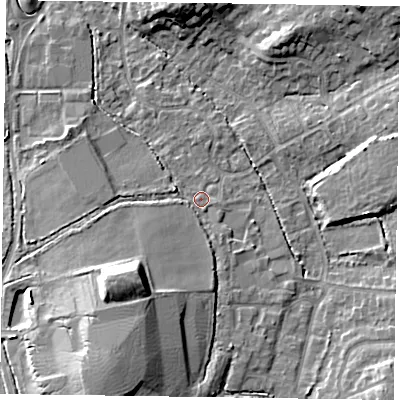 Shaded relief map of the ground around GU514EU, computed from Environment Agency LiDAR. The ground here sits at about 68 m above sea level and falls 13 m across the surrounding 800 m. Surface water reaching this point runs off ground lying to the south-west, 9.7 m higher.