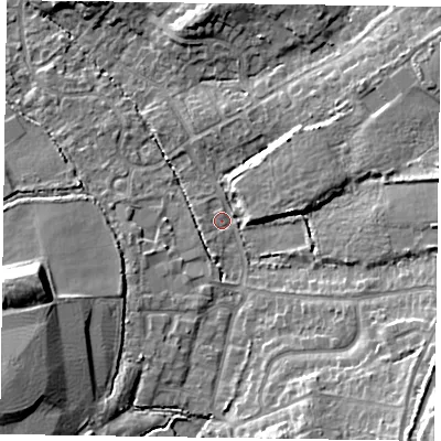 Shaded relief map of the ground around GU514EW, computed from Environment Agency LiDAR. The ground here sits at about 67 m above sea level and falls 16 m across the surrounding 800 m. Surface water reaching this point runs off ground lying to the south-east, 10.6 m higher.