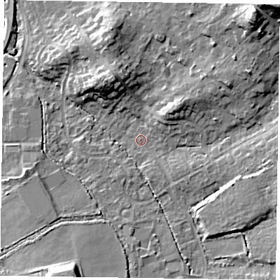 Shaded relief map of the ground around GU514EY, computed from Environment Agency LiDAR. The ground here sits at about 66 m above sea level and falls 22 m across the surrounding 800 m. Surface water reaching this point runs off ground lying to the north-east, 19.0 m higher.
