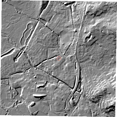 Shaded relief map of the ground around GU515AB, computed from Environment Agency LiDAR. The ground here sits at about 64 m above sea level and falls 15 m across the surrounding 800 m. Surface water reaching this point runs off ground lying to the south-south-west, 2.2 m higher.