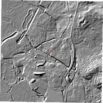 Shaded relief map of the ground around GU515AE, computed from Environment Agency LiDAR. The ground here sits at about 64 m above sea level and falls 14 m across the surrounding 800 m. Surface water reaching this point runs off ground lying to the south-east, 1.8 m higher.