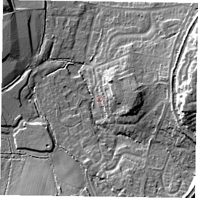 Shaded relief map of the ground around GU515AR, computed from Environment Agency LiDAR. The ground here sits at about 71 m above sea level and falls 17 m across the surrounding 800 m. Surface water reaching this point runs off ground lying to the east, 15.5 m higher.