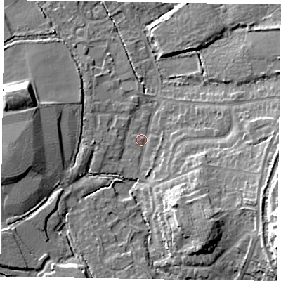 Shaded relief map of the ground around GU515AZ, computed from Environment Agency LiDAR. The ground here sits at about 69 m above sea level and falls 18 m across the surrounding 800 m. Surface water reaching this point runs off ground lying to the south-south-east, 7.6 m higher.