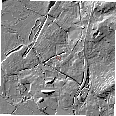 Shaded relief map of the ground around GU515BH, computed from Environment Agency LiDAR. The ground here sits at about 64 m above sea level and falls 13 m across the surrounding 800 m. Surface water reaching this point runs off ground lying to the north-east, 7.0 m higher.
