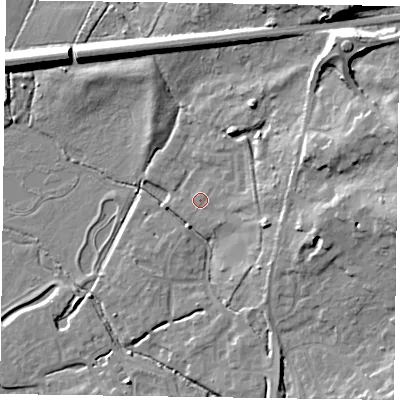 Shaded relief map of the ground around GU515BP, computed from Environment Agency LiDAR. The ground here sits at about 64 m above sea level and falls 16 m across the surrounding 800 m. Surface water reaching this point runs off ground lying to the east, 5.7 m higher.
