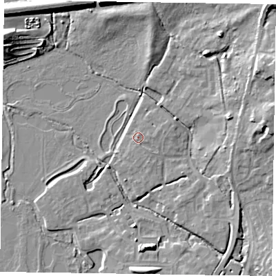 Shaded relief map of the ground around GU515BQ, computed from Environment Agency LiDAR. The ground here sits at about 64 m above sea level and falls 12 m across the surrounding 800 m. Surface water reaching this point runs off ground lying to the south-south-east, 0.6 m higher.