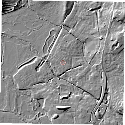 Shaded relief map of the ground around GU515BS, computed from Environment Agency LiDAR. The ground here sits at about 64 m above sea level and falls 11 m across the surrounding 800 m. Surface water reaching this point runs off ground lying to the north-north-east, 0.9 m higher.