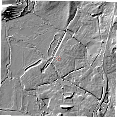 Shaded relief map of the ground around GU515BU, computed from Environment Agency LiDAR. The ground here sits at about 63 m above sea level and falls 11 m across the surrounding 800 m. Surface water reaching this point runs off ground lying to the east, 1.1 m higher.