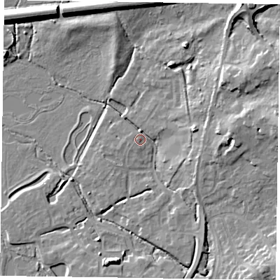 Shaded relief map of the ground around GU515BW, computed from Environment Agency LiDAR. The ground here sits at about 64 m above sea level and falls 15 m across the surrounding 800 m. Surface water reaching this point runs off ground lying to the west-south-west, 2.5 m higher.